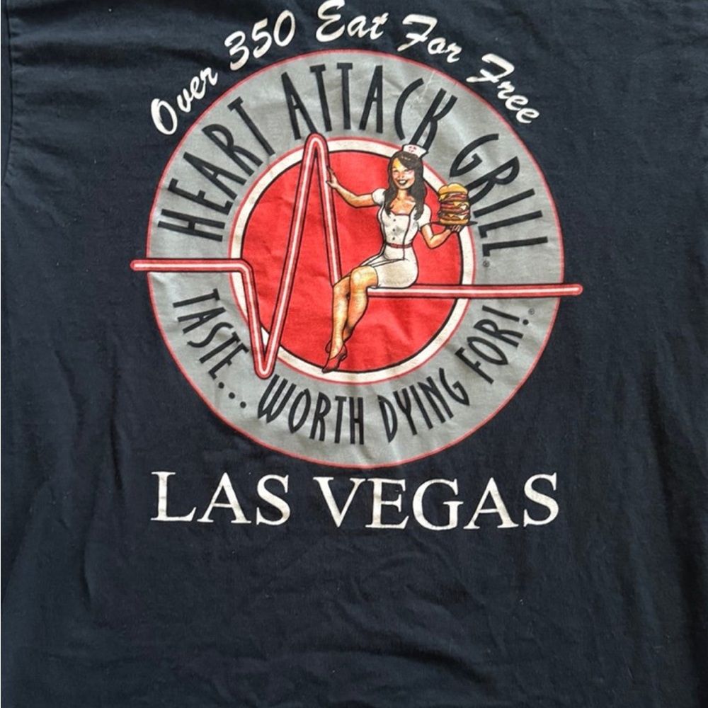 LAS Vegas Heart Attack Grill  Black Tee with Red and White Graphic